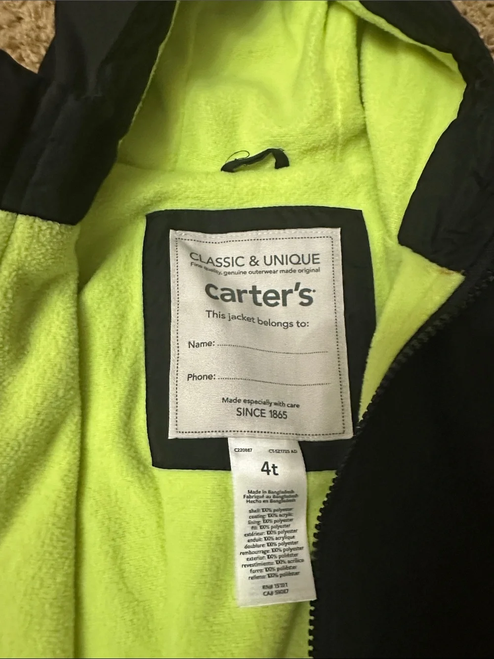 Carter's Black & Blue Hooded Coat with Lime Fleece Lining